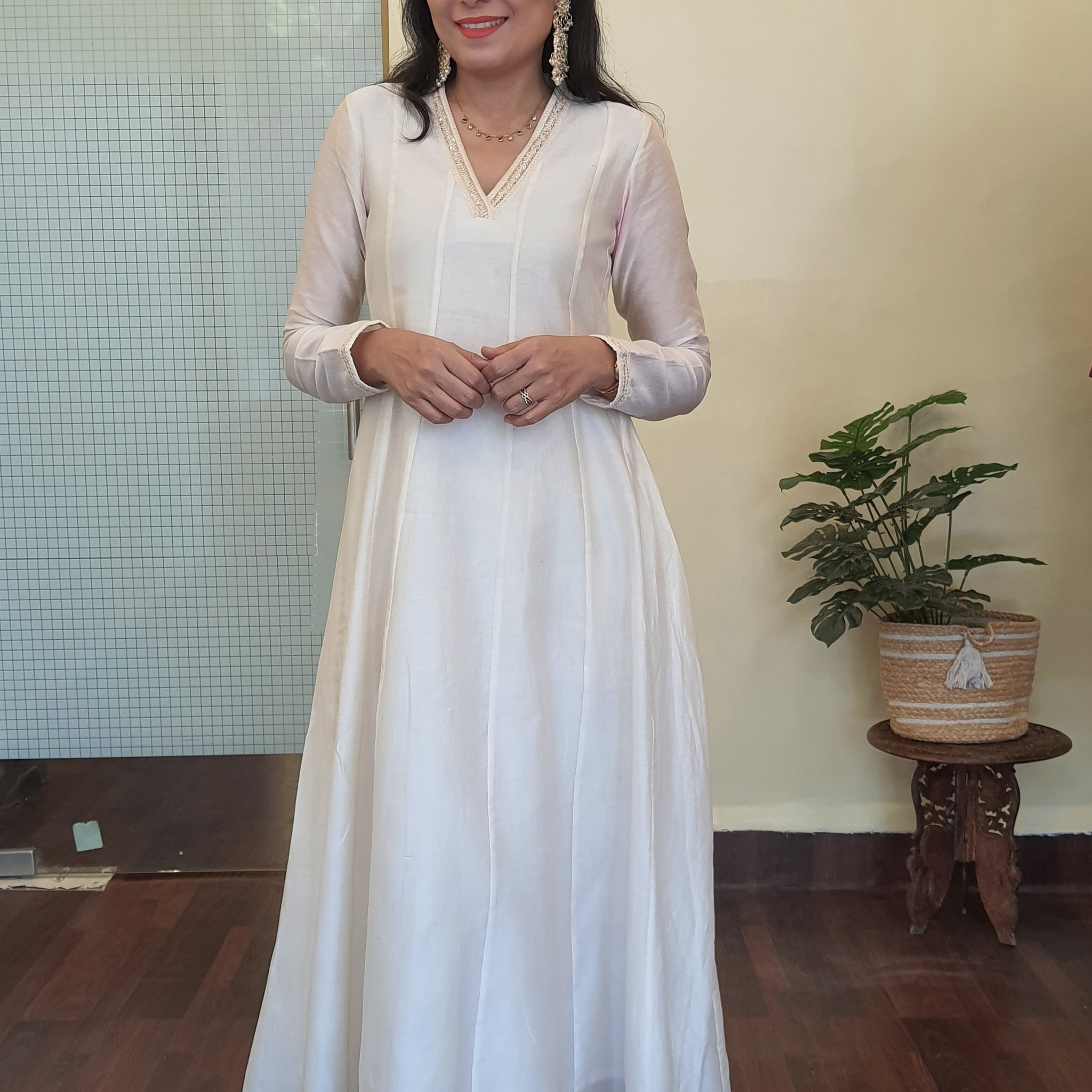 Woven Chanderi Anarkali- Off White