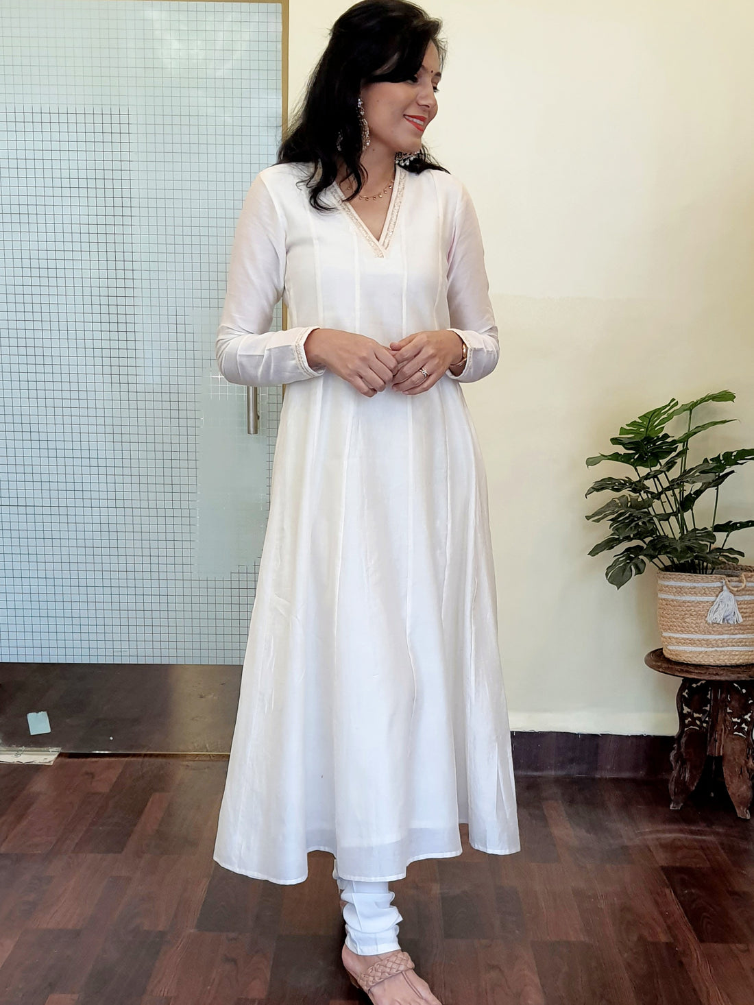 Woven Chanderi Anarkali- Off White