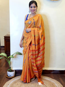 Woven Khesh Cotton Kantha Work Saree - Orange