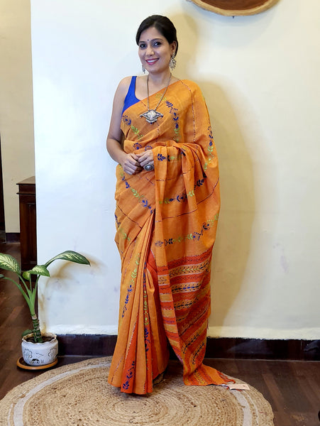 Woven Khesh Cotton Kantha Work Saree - Orange