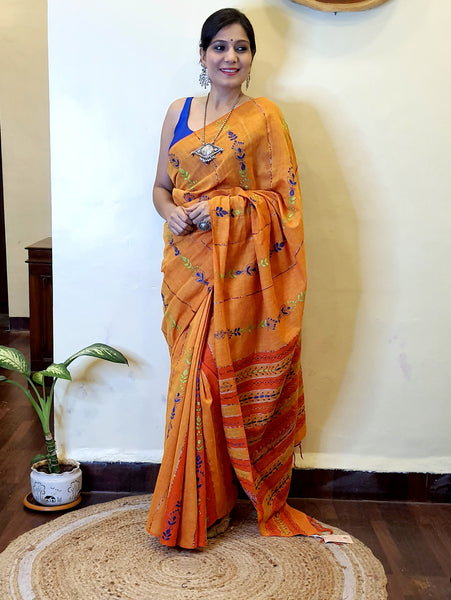 Woven Khesh Cotton Kantha Work Saree - Orange