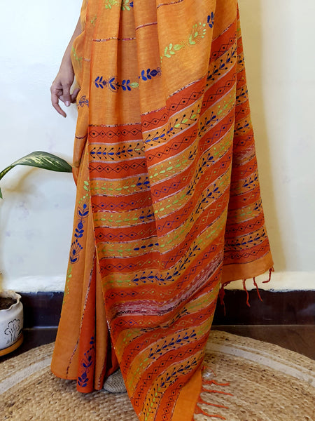 Woven Khesh Cotton Kantha Work Saree - Orange