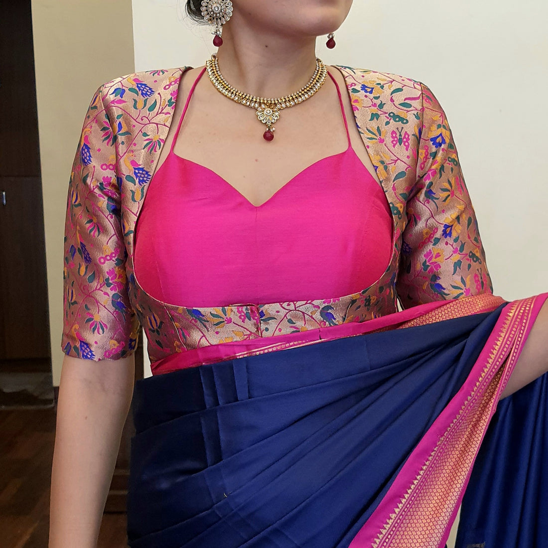 "Mayura" Paithani Halter Blouse - Rani Pink