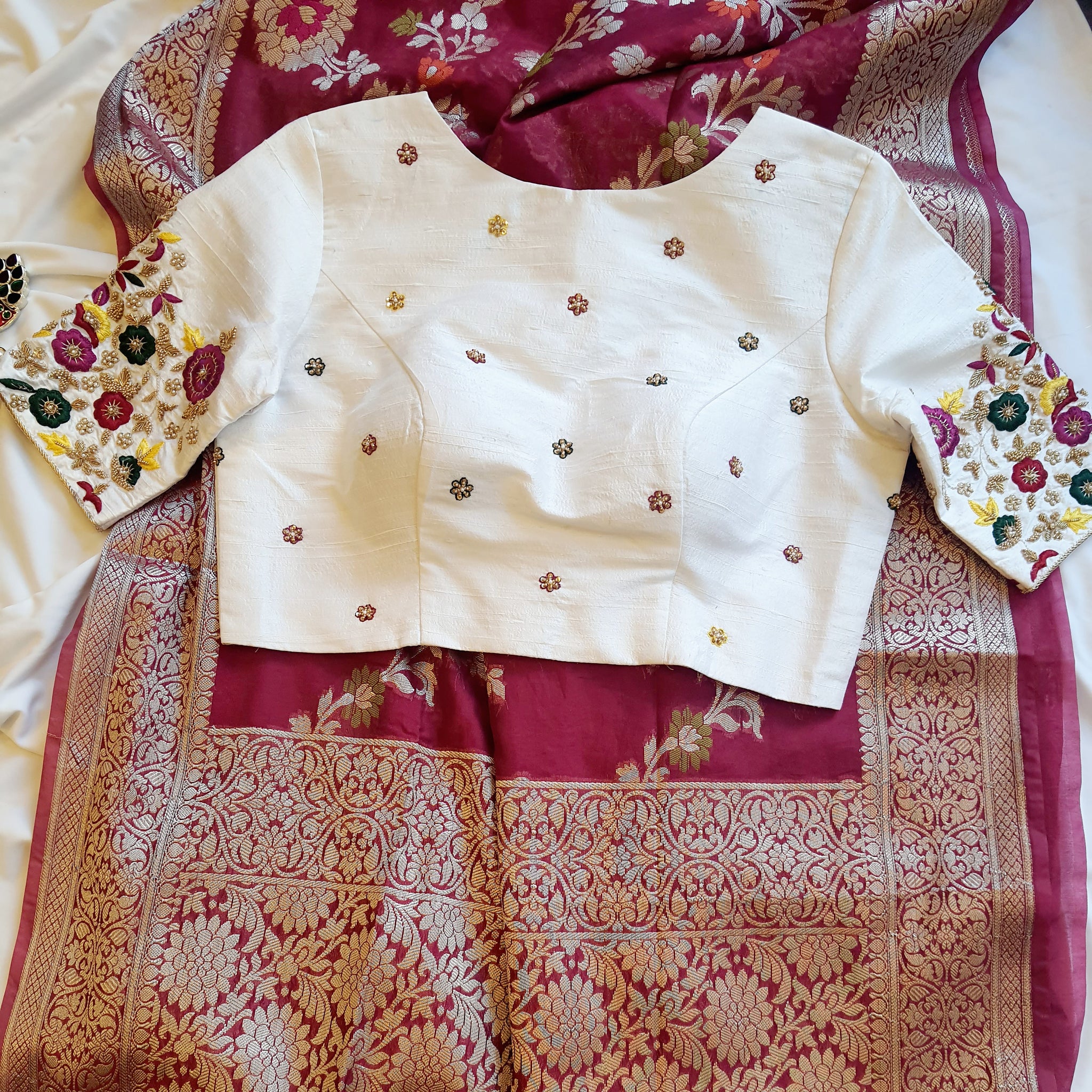 "Sunahara Dhaaga" Pure Raw Silk Embroiderd White Blouse