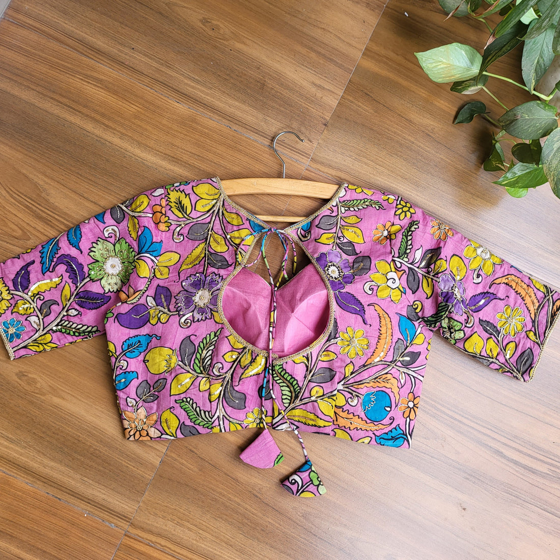 "Phulwari" Handpainted Bangalore Silk Hand Embroidered Blouse - Magenta