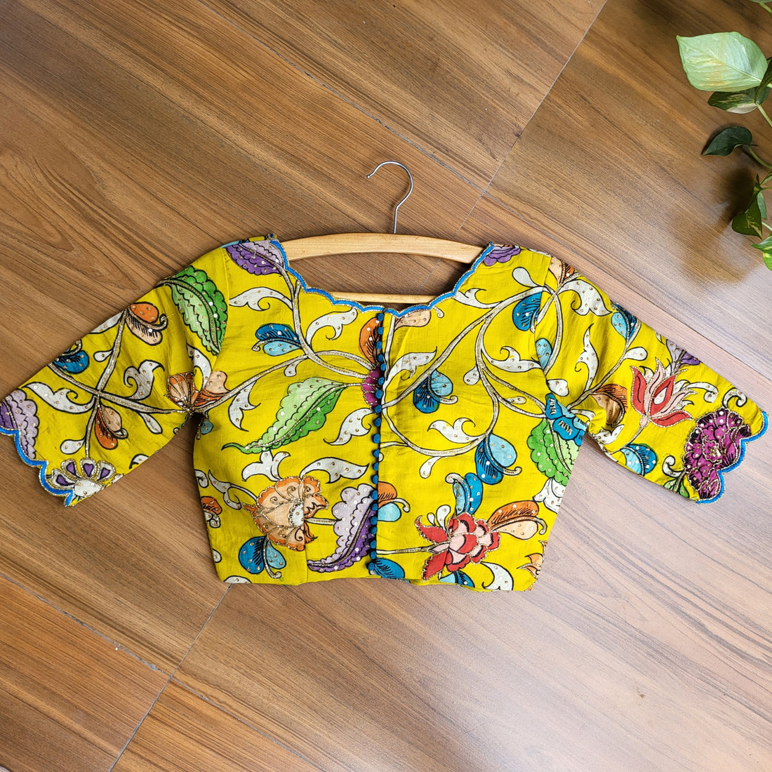 "Phulwari" Handpainted Bangalore Silk Hand Embroidered Blouse - Yellow