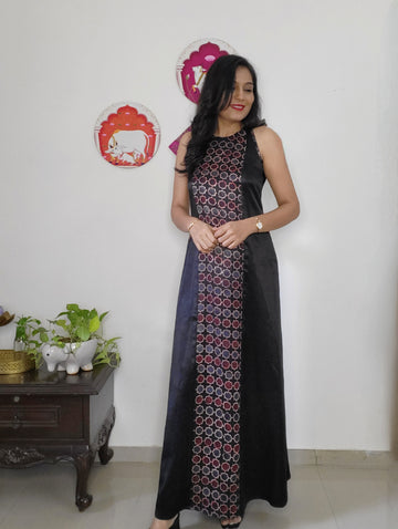 Shine On'-Mashroo Silk Ajrakh Maxi Dress  Black