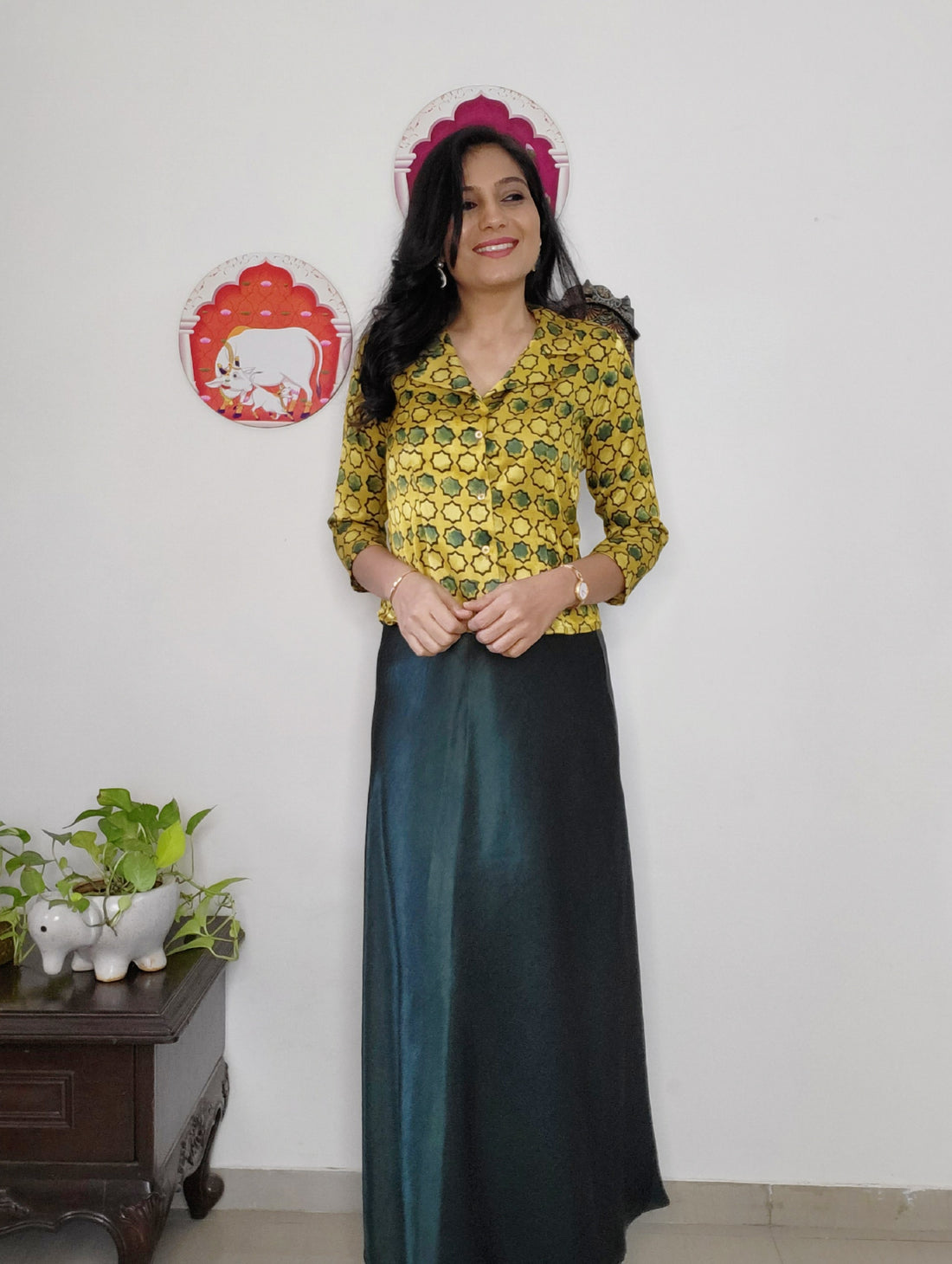 Shine On'-Mashroo Silk Ajrakh Skirt Top Set Yellow