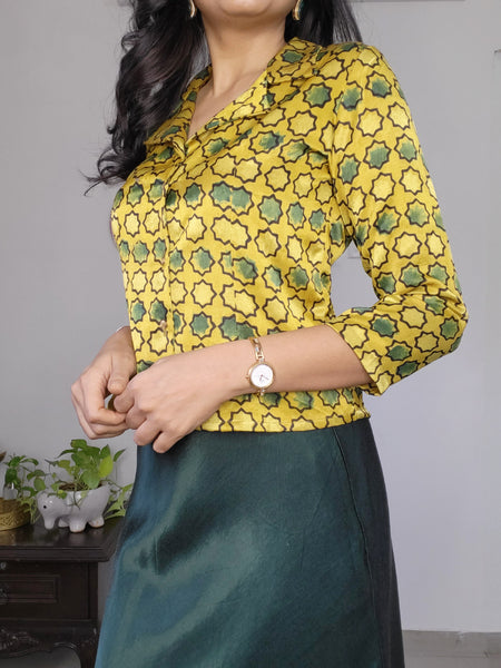 Shine On'-Mashroo Silk Ajrakh Skirt Top Set Yellow