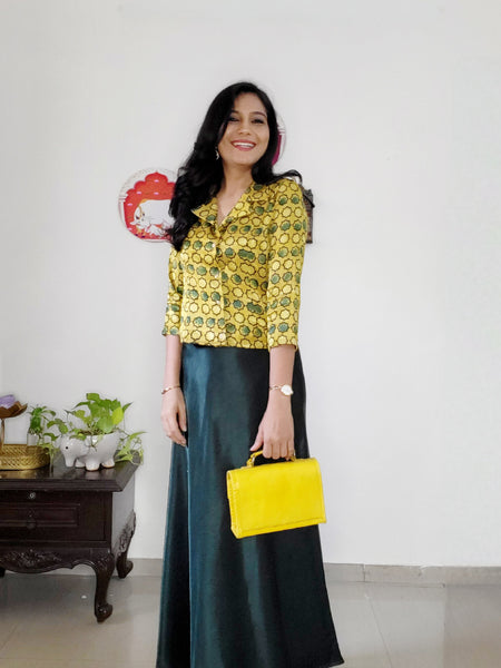 Shine On'-Mashroo Silk Ajrakh Skirt Top Set Yellow