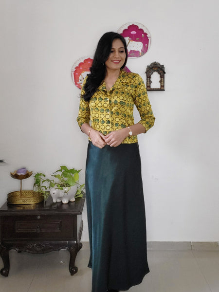 Shine On'-Mashroo Silk Ajrakh Skirt Top Set Yellow