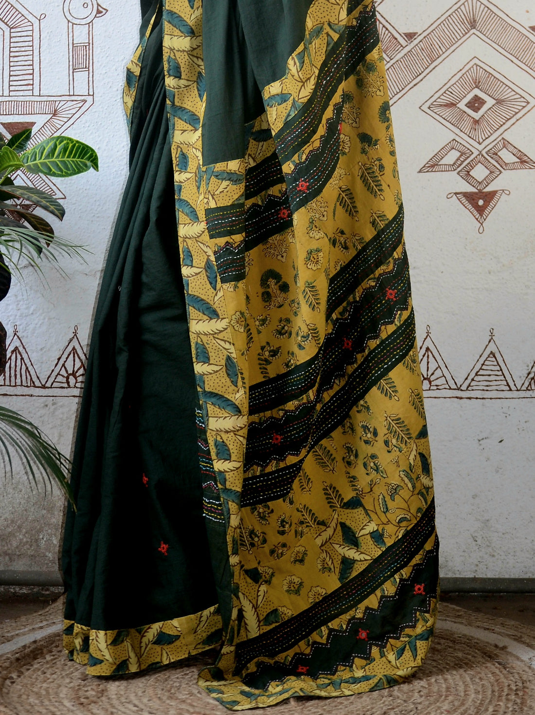 Mul Cotton Hand Embroidered Saree Green yellow