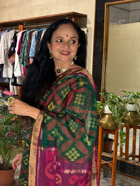 "Navrang Patola"- Handloom Cotton Silk Saree Magenta Green