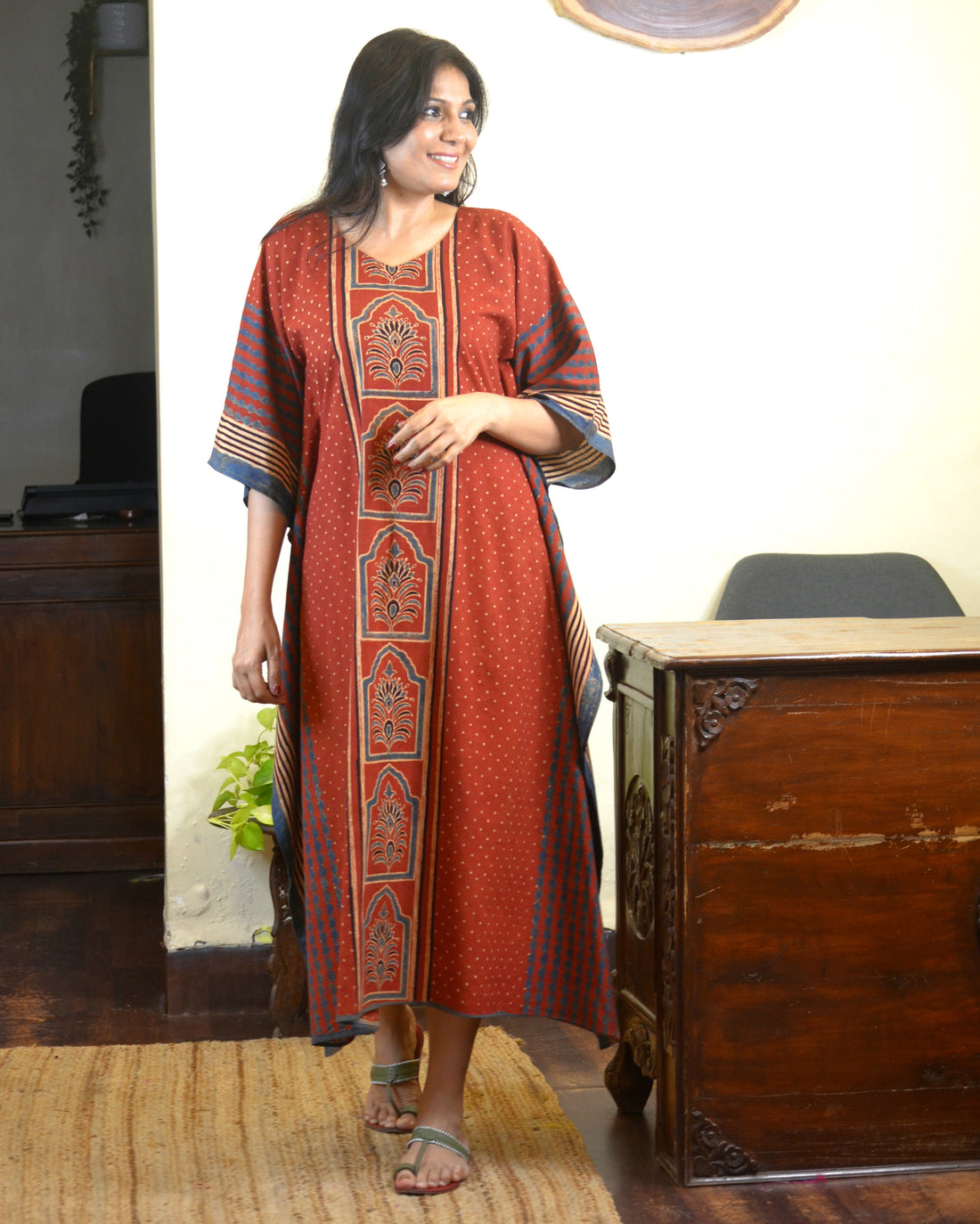 Ajrakh Contemporary Print Cotton Kaftan Rust