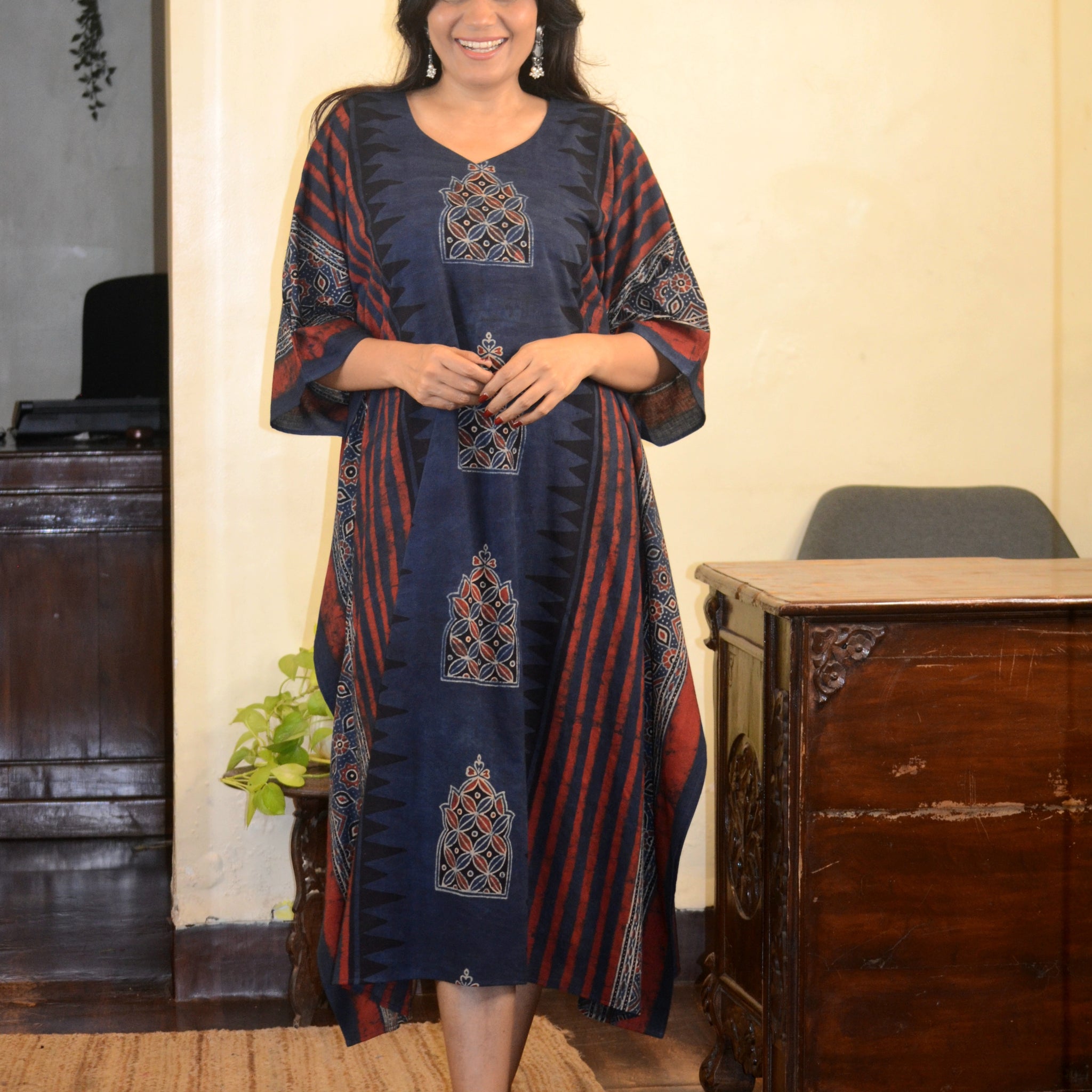 Ajrakh Contemporary Print Cotton Kaftan Indigo