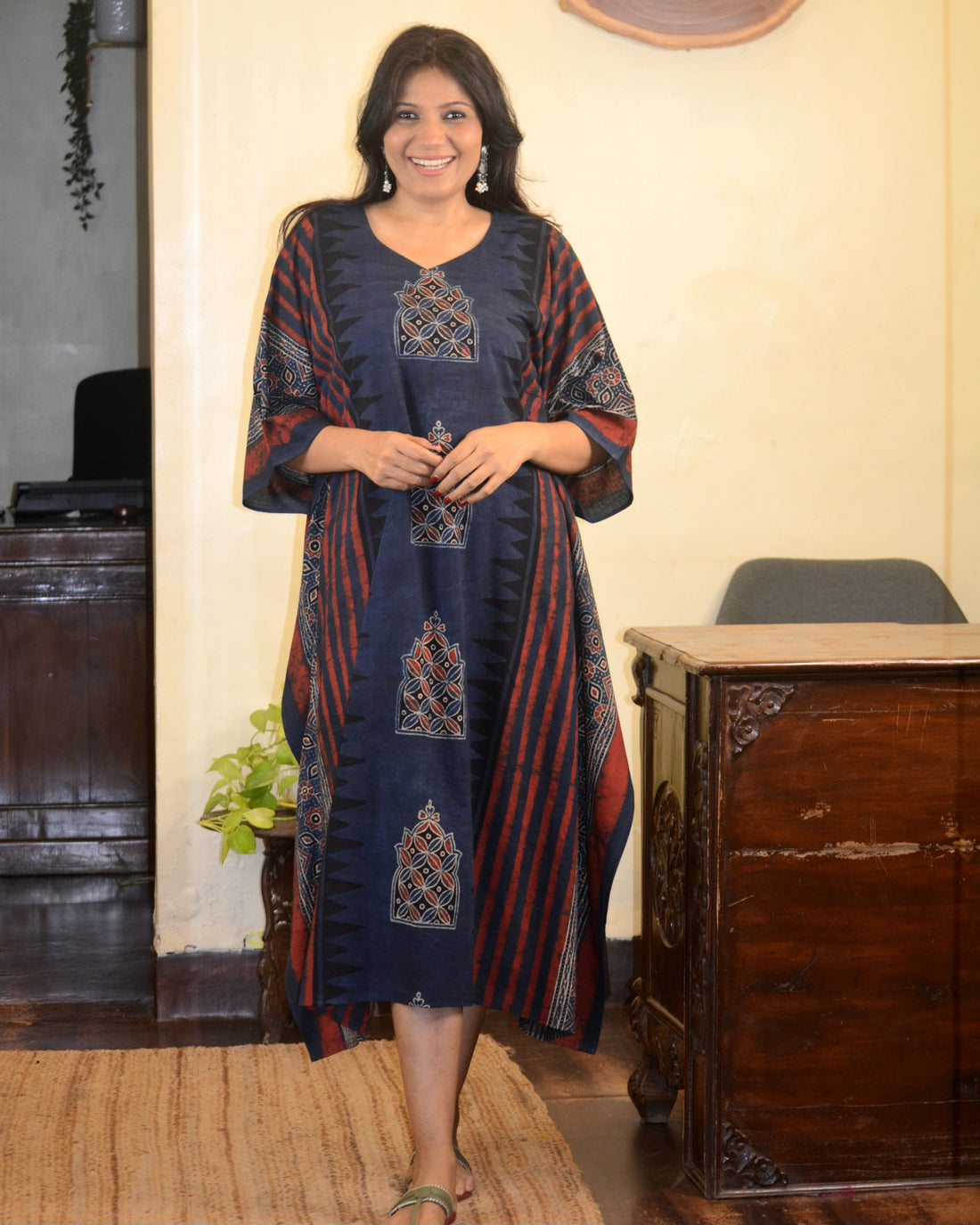 Ajrakh Contemporary Print Cotton Kaftan Indigo