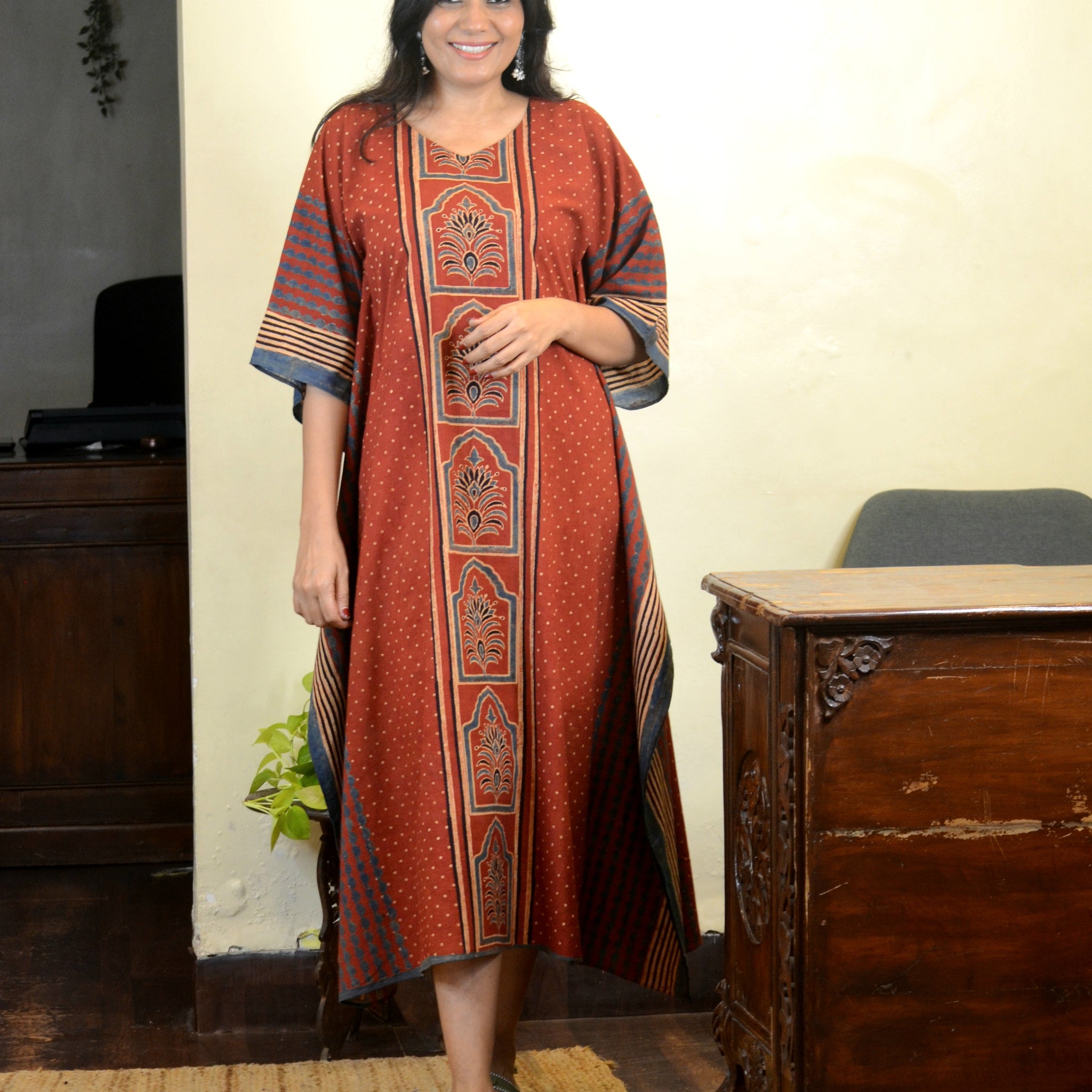 Ajrakh Contemporary Print Cotton Kaftan Rust