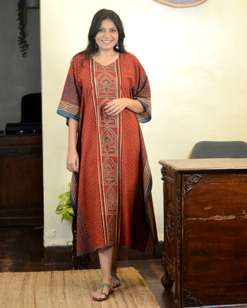 Ajrakh Contemporary Print Cotton Kaftan Rust
