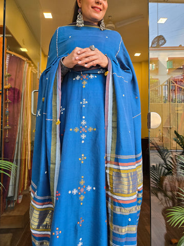 Bhujodi Handwoven Unstitched Suit - Teal Blue