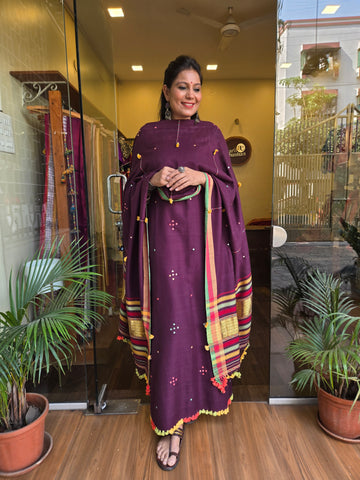 Bhujodi Handwoven Unstitched Suit - Wine