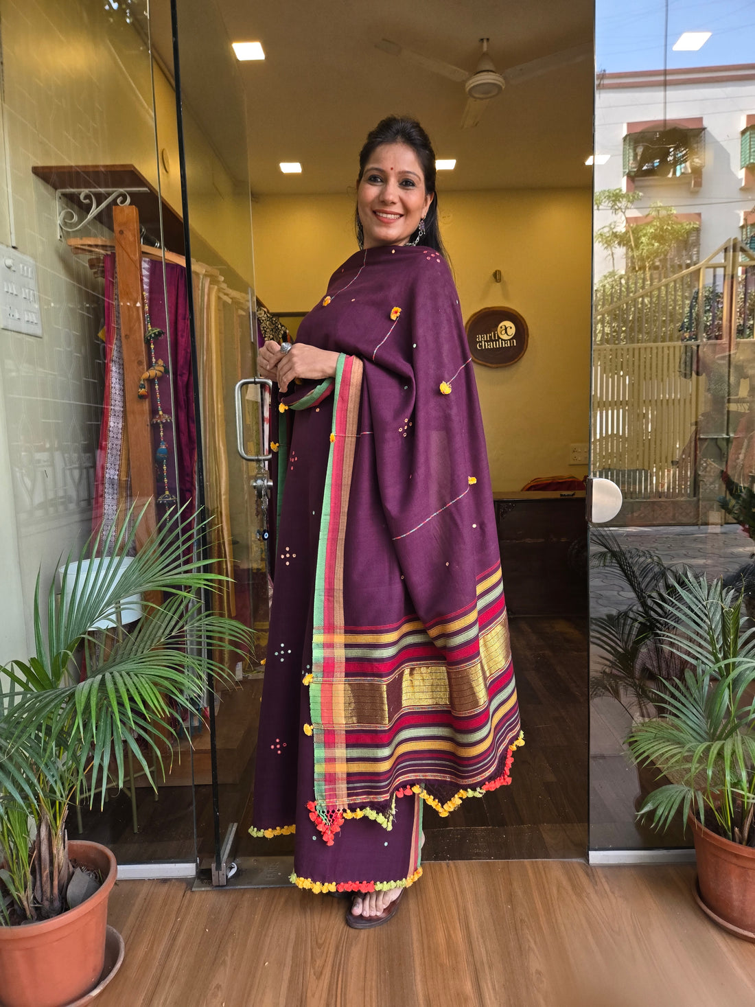 Bhujodi Handwoven Unstitched Suit - Wine