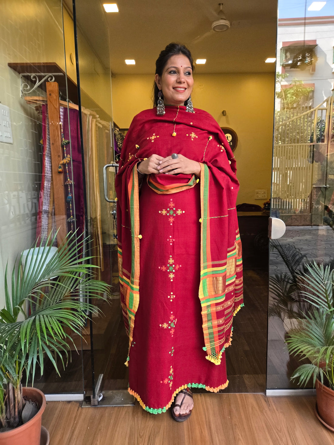 Bhujodi Handwoven Unstitched Suit - Rust