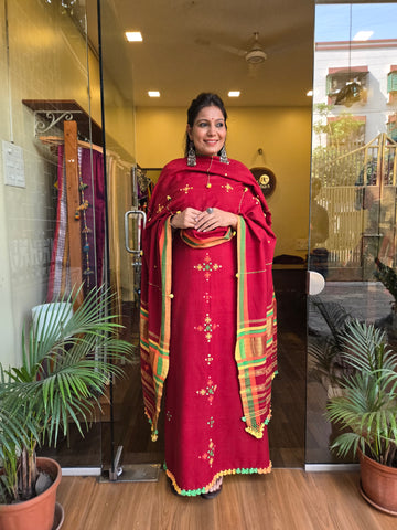 Bhujodi Handwoven Unstitched Suit - Rust