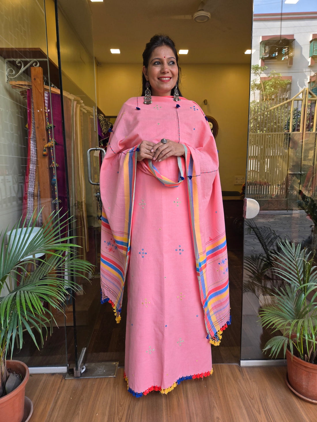 Bhujodi Handwoven Unstitched Suit - Pink