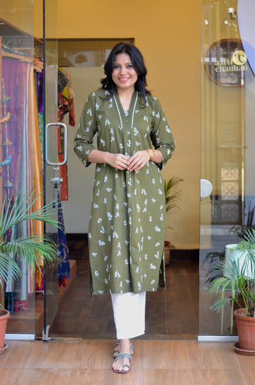 Wild Flora- Olive Green Kurta