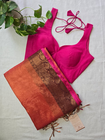 Mul Tissue Saree - Rust Orange Paisley Border