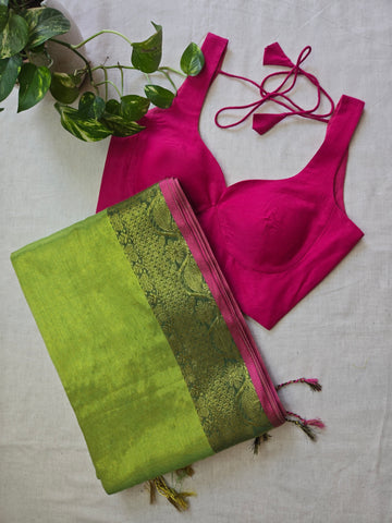 Mul Tissue Saree - Parrot Green