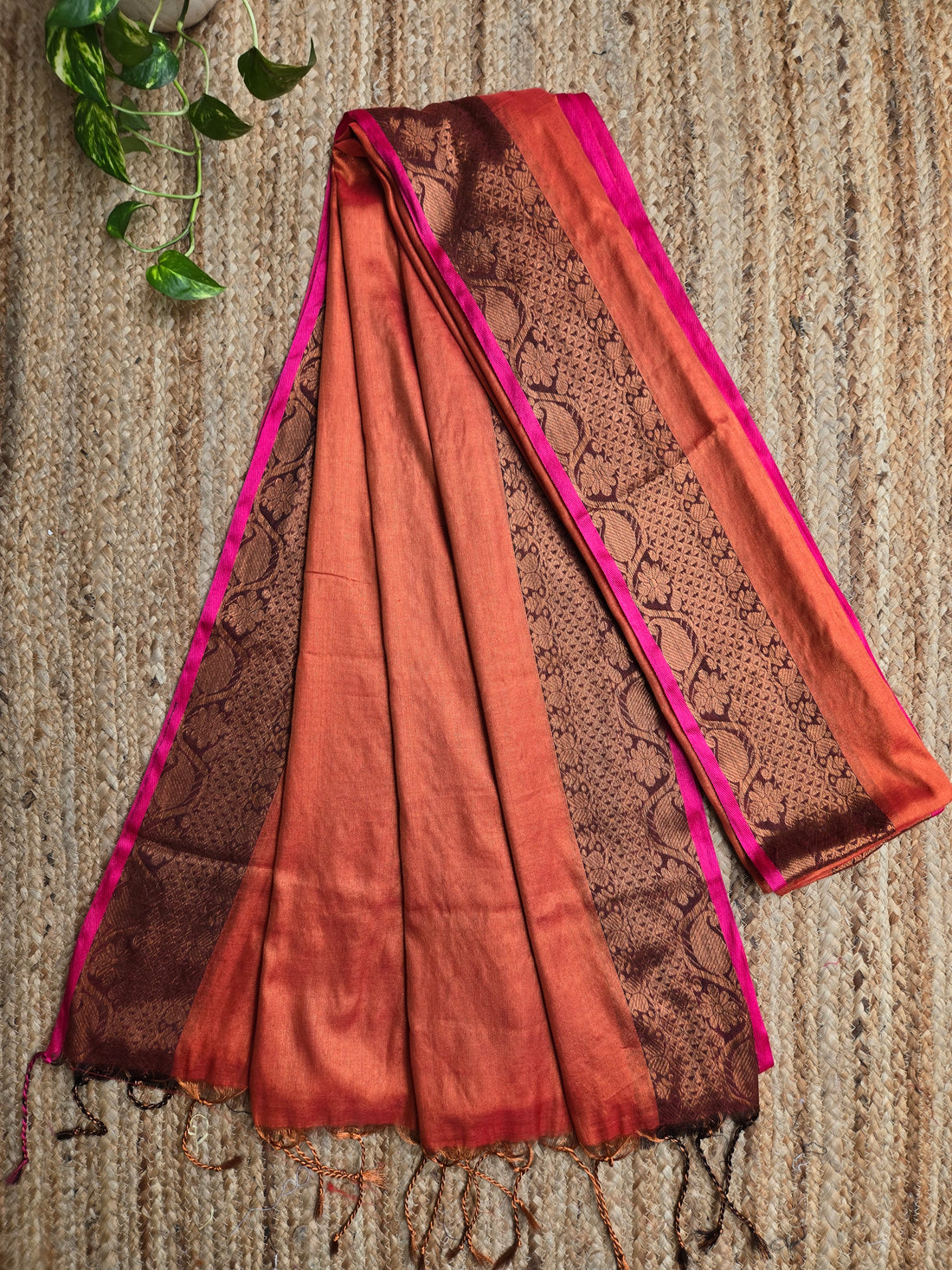 Mul Tissue Saree - Rust Orange Paisley Border