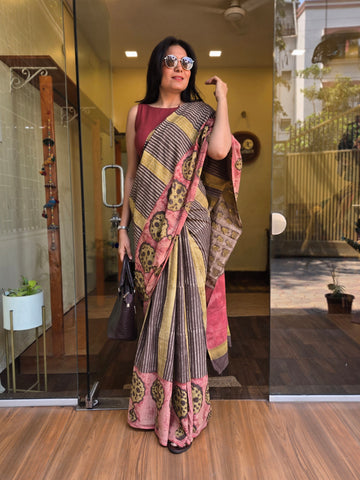Anar-Natural Blocked Printed Striped Saree