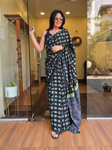 Anar-Natural Blocked Printed Saree Black