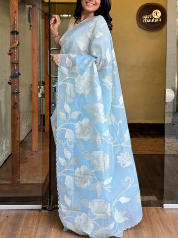 Kota Doriya Embroidered Sky Blue Saree