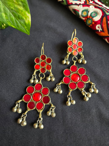 Vintage Afghani Floral Earring- Red