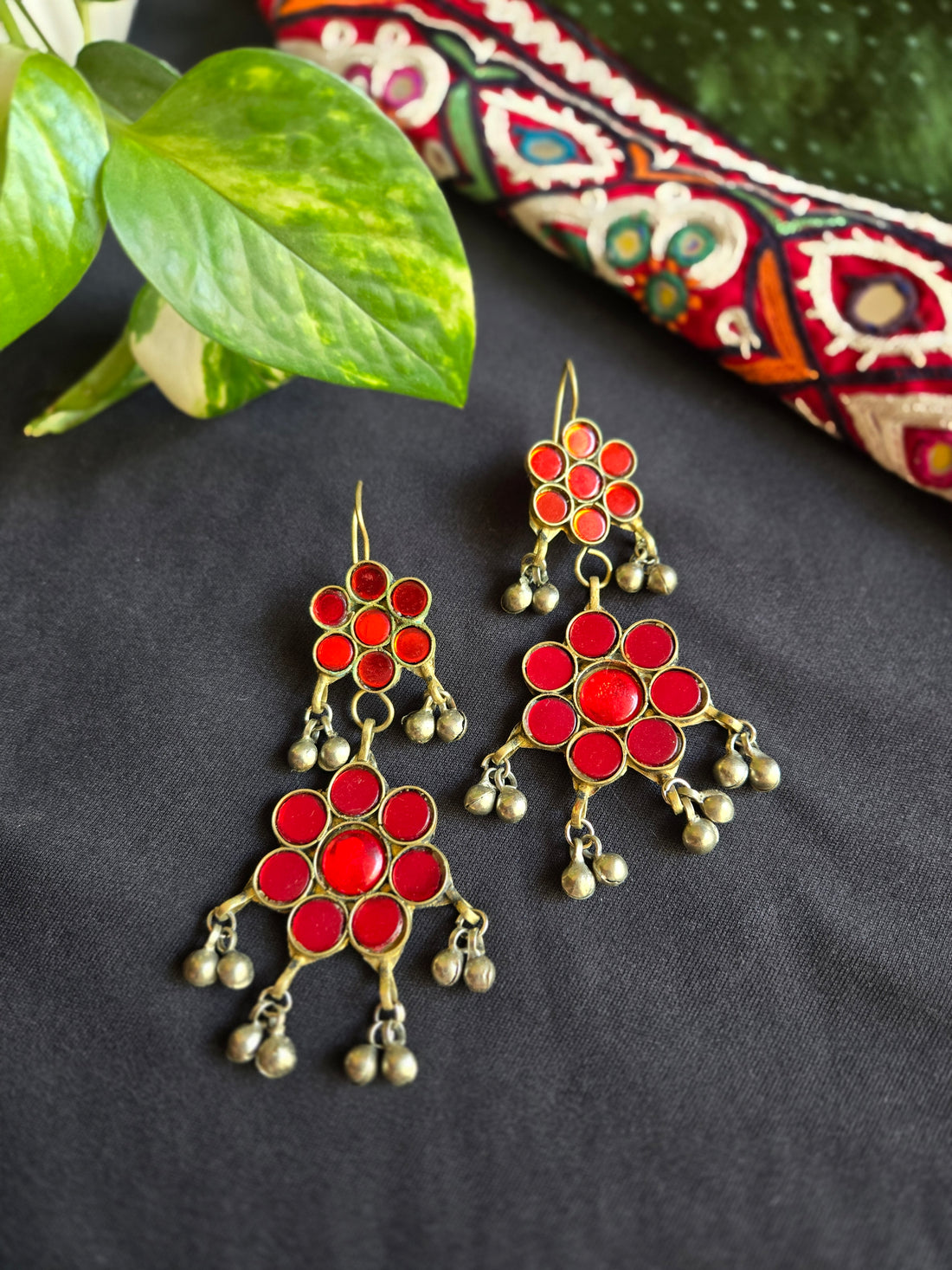 Vintage Afghani Floral Earring- Red