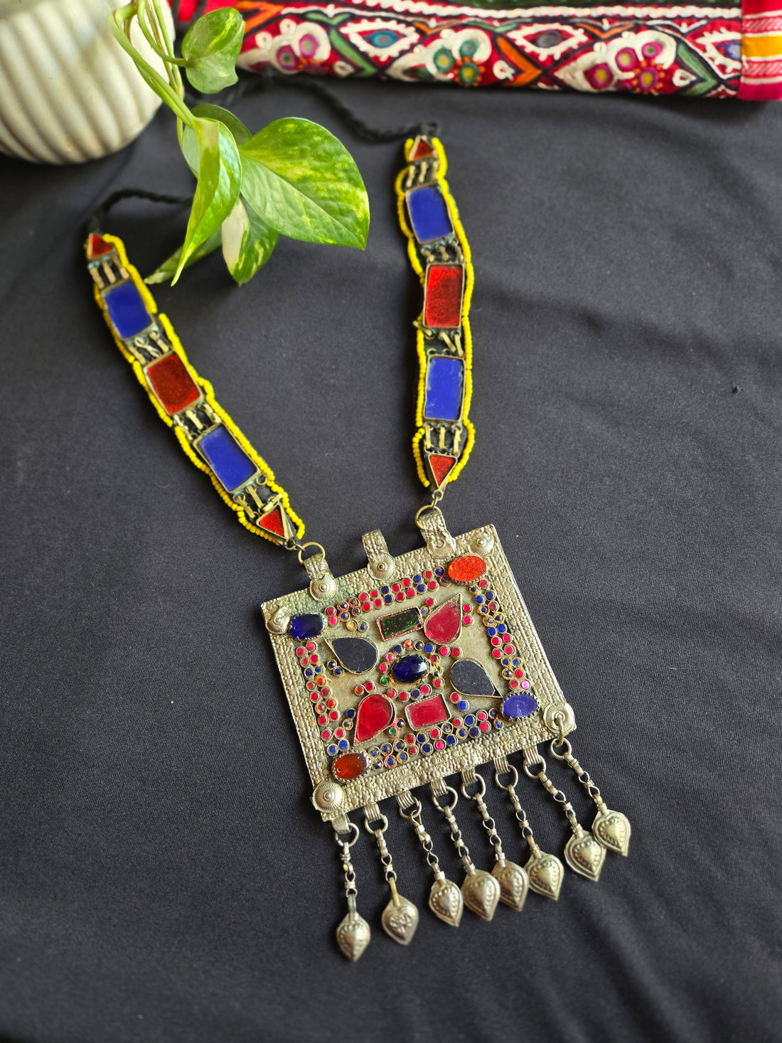 Vintage Afghani Long Square Pendant Necklace 2