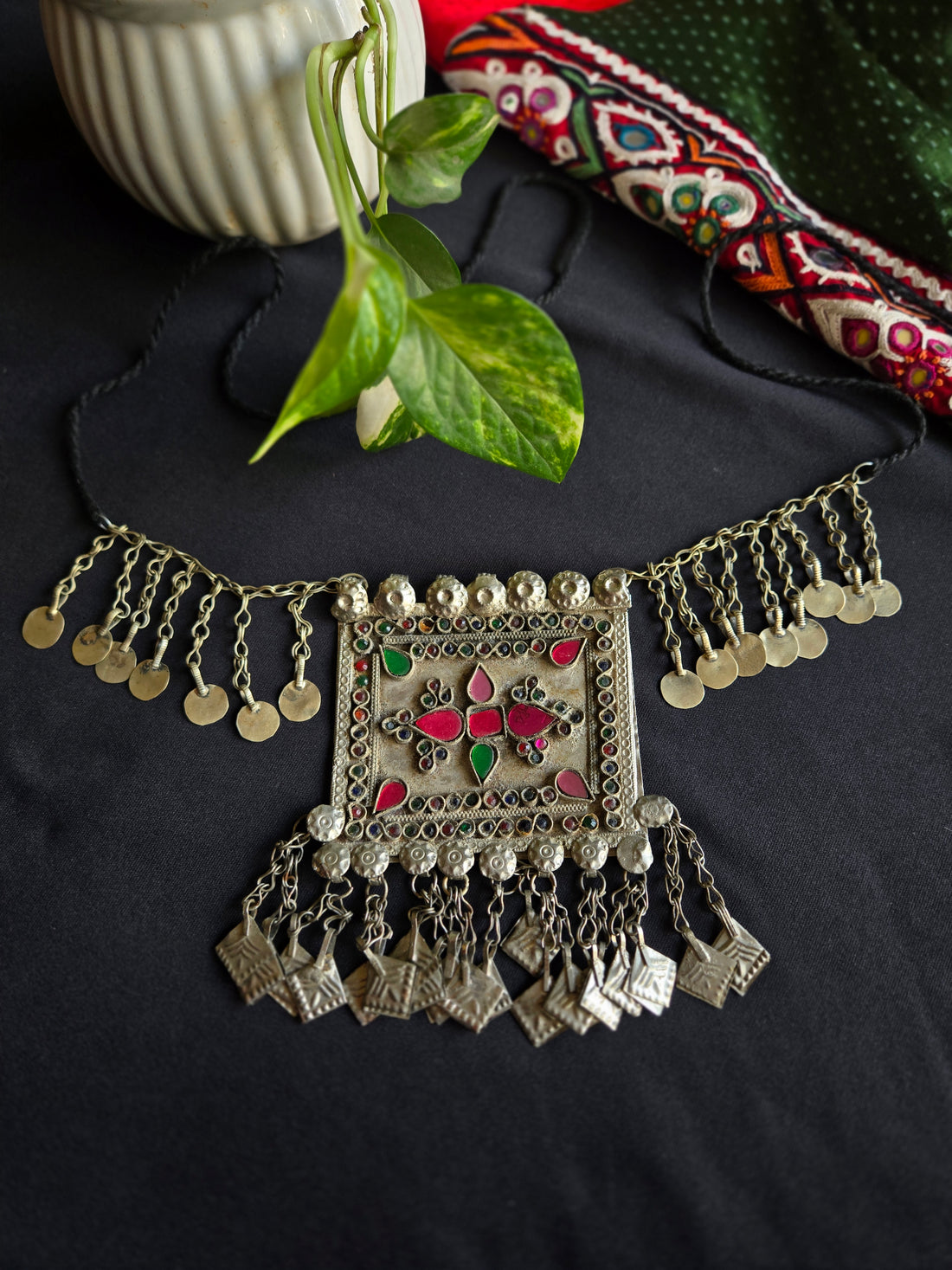 Vintage Afghani Long Square Pendant Necklace 1