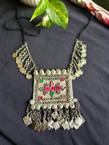 Vintage Afghani Long Square Pendant Necklace 1