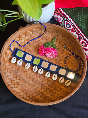 Kutchi Hand Embroidered Cowry Shell Chokar - Blue