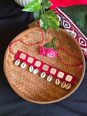 Kutchi Hand Embroidered Cowry Shell Chokar - Red