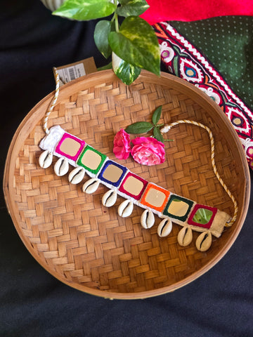 Kutchi Hand Embroidered Cowry Shell Chokar - Multicolor