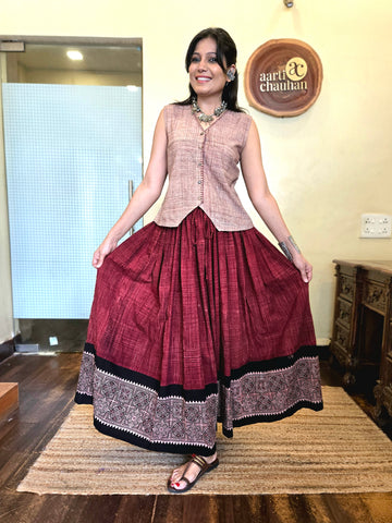 Brush N Strokes Ajrakh Border Skirt Maroon
