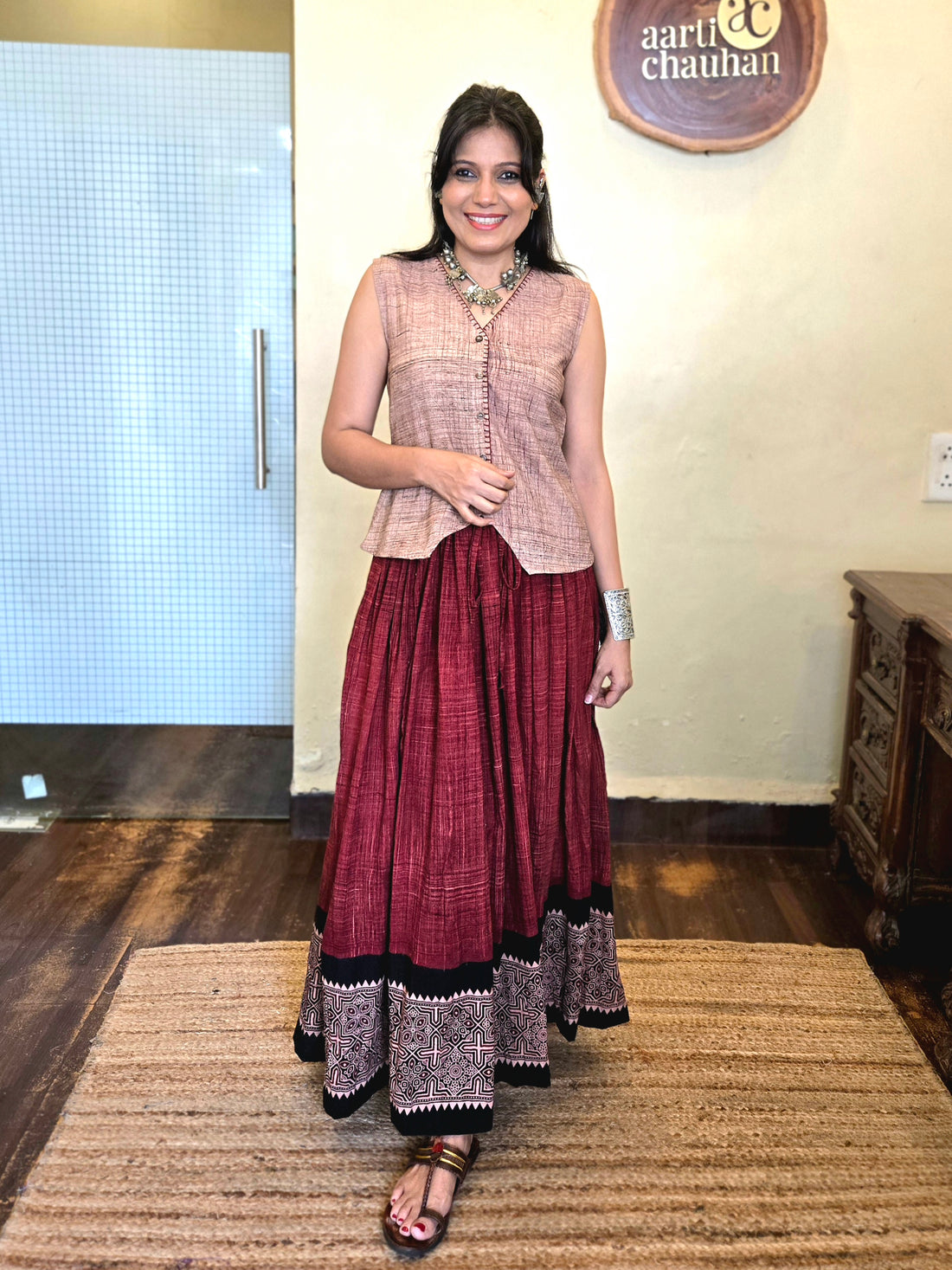 Brush N Strokes Ajrakh Border Skirt Maroon