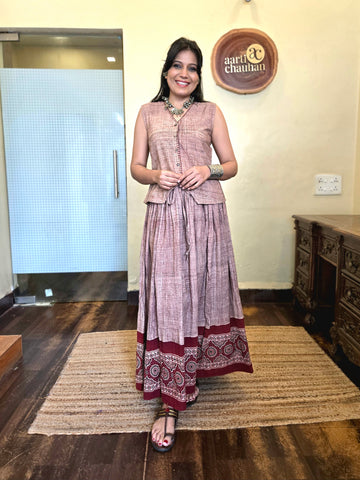 Brush N Strokes Ajrakh Border Skirt Beige