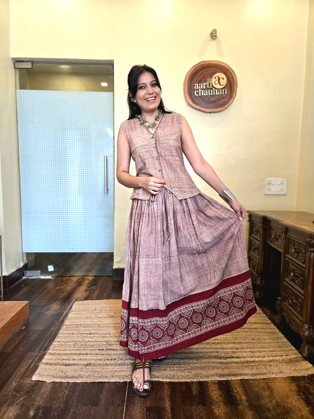 Brush N Strokes Ajrakh Border Skirt Beige