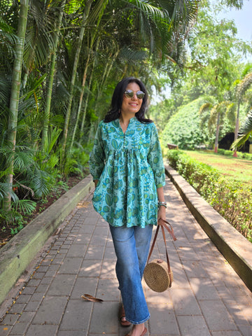 Dabu Printed Short Kurti - Sea Blue