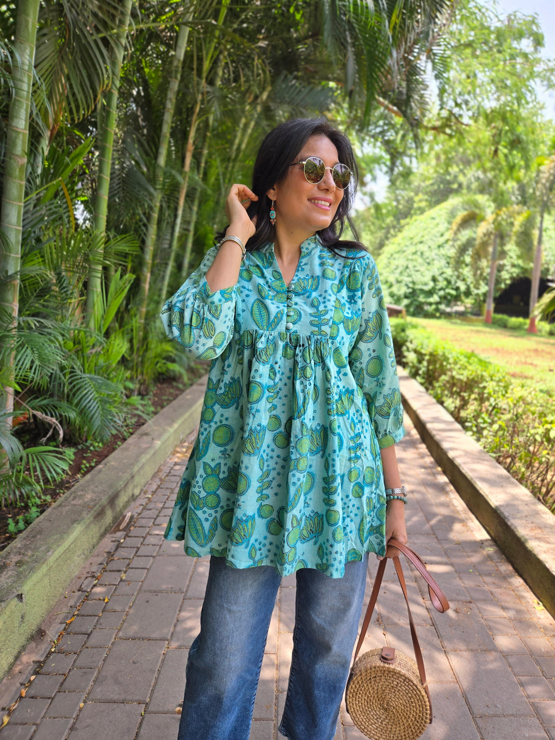 Dabu Printed Short Kurti - Sea Blue