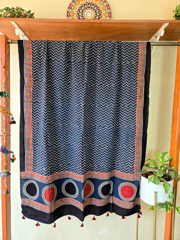 Ajrakh Hand Block Chevron Printed Cotton Dupatta - Indigo